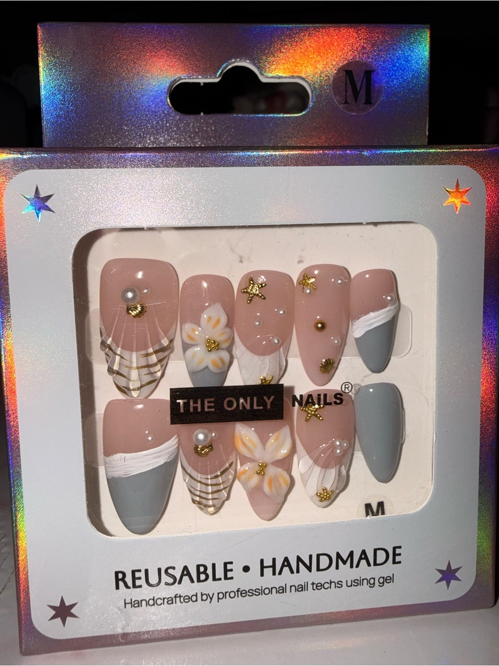 3H Handmade Nude Blue, White & Gray Beachy Press-On Nail Set